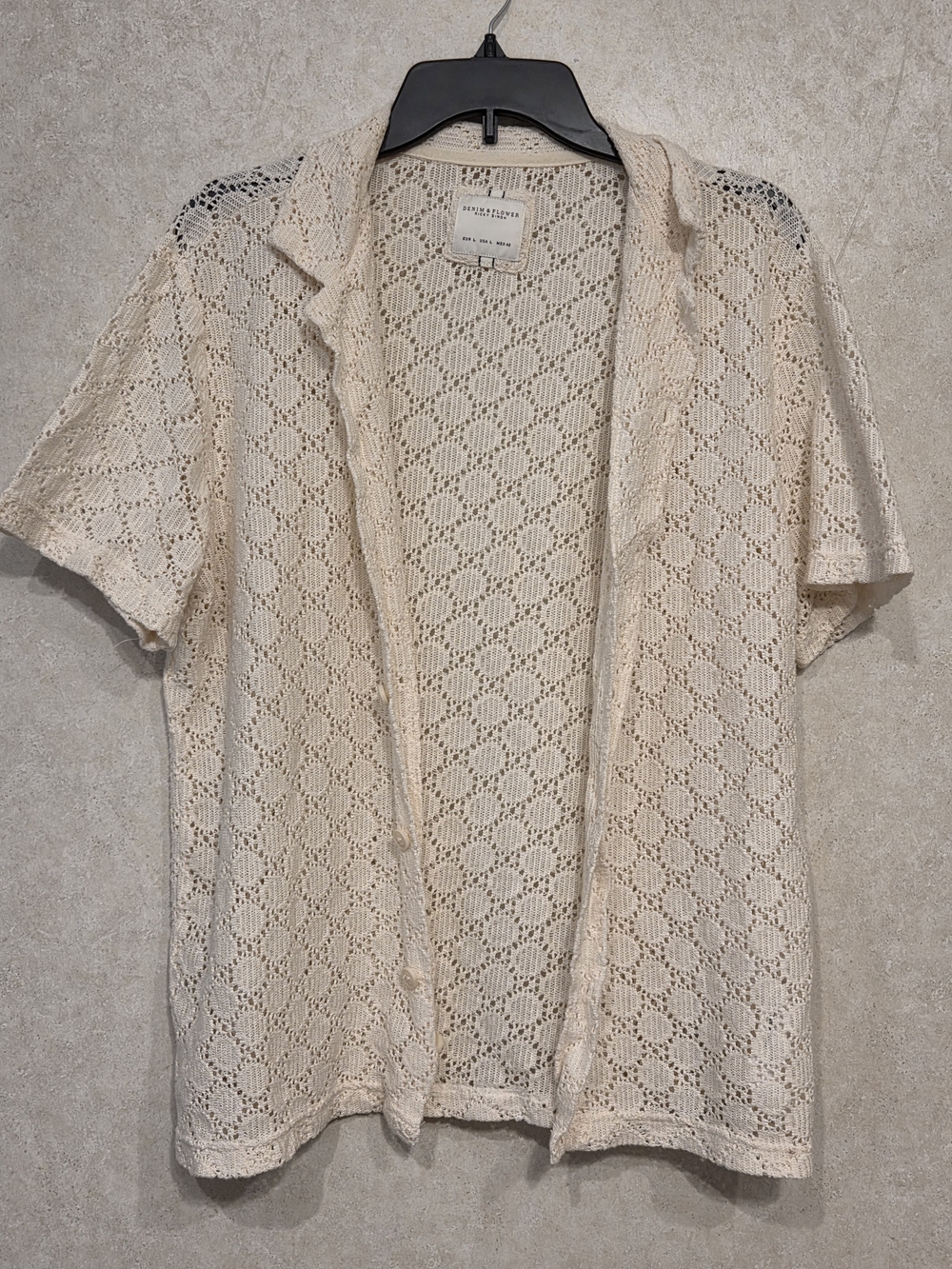 Denim & Flower Open-Knit Short Sleeve Button Down Shirt Large